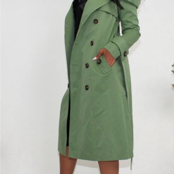 Olive Puff Sleeve Trench Coat - Picture 3 of 7
